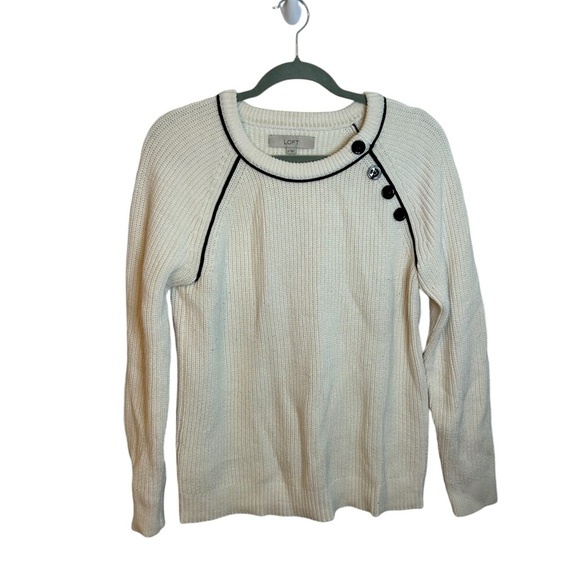 Loft Cream Cable Knit Crewneck Button Sweater - Picture 1 of 4